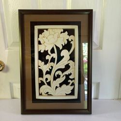 19.5"X13"Framed White Flower Carving Decor Wall Art Flower Sculpture