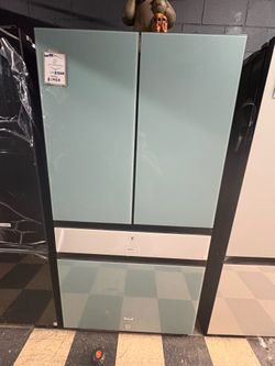 Samsung Bespoke Refrigerator With Beverage Center In Morning Blue And White Glass