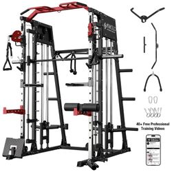Mikolo Smith Machine Home Gym, 2200 lbs Power Rack Cage with Cable Crossover, Weight Bar, 360° Landmine, Barbell Holders and Other Attachments, Total 