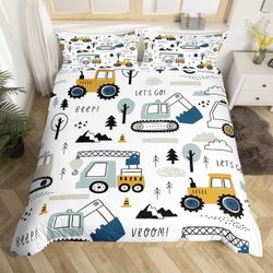 Cartoon Car Kids Bedding Set Construction Bedding Duvet Cover Set Boys Decor Equipment Trucks Comforter Cover Set Excavator Tractor White Yellow Bedsp