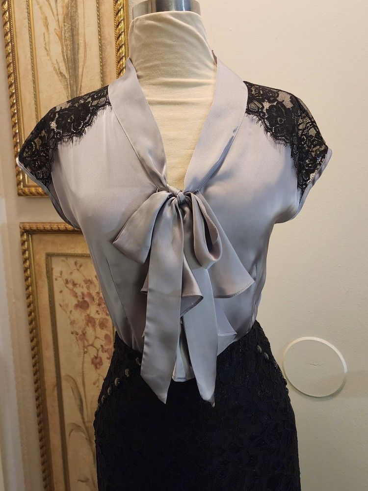 Silver Satin Cap Sleeve Blouse Black Eyelash Lace Detail, Bow Always Sunny Sz. M