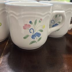 Set Of 6 Hearthside Floral Expressions Cup Mug Stoneware White Blue