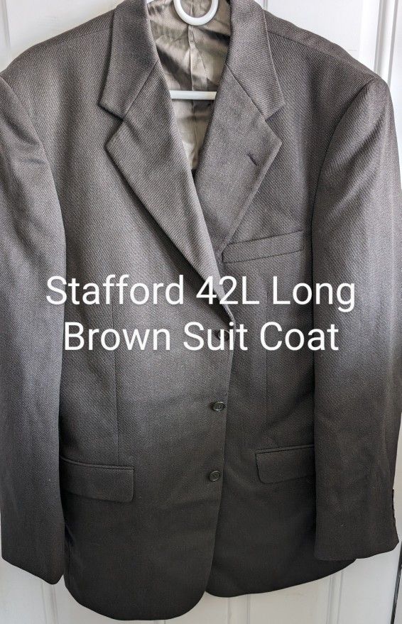 Mens Stafford 42L Long Suit Coat, Brown 100% Worsted, Fitted Winter Weight, P/39