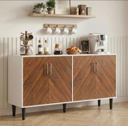 58-Inch Mid-Century Modern Sideboard Buffet Cabinet, White
Credenza Storage Cabinet with 4-Door, Adjustable Shelves, Wood Coffee Bar Cabinet for Dinin