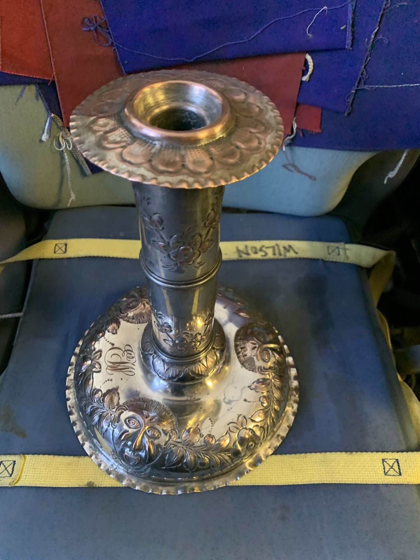 Silver plate Over Copper 3 Face Initialed 8”base By 11” Tall Candlestick