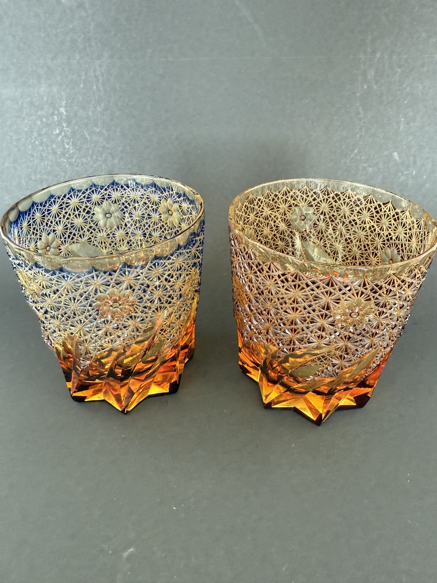 Shinozaki Garasu Glass Edo Kiriko Whiskey Whisky Tumblers Amber Tenkai Old Hand-Cut Japanese Crystal Glasses