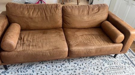 Ashley Ivette 3 Seater Sofa 82” Caramel Brown Micro Swede Fabric with 2 round throw pillows
