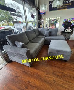 🎪 Sectional Sofa and Ottoman with Storage, Dark Gray Corduroy Fabric, New in the Box.