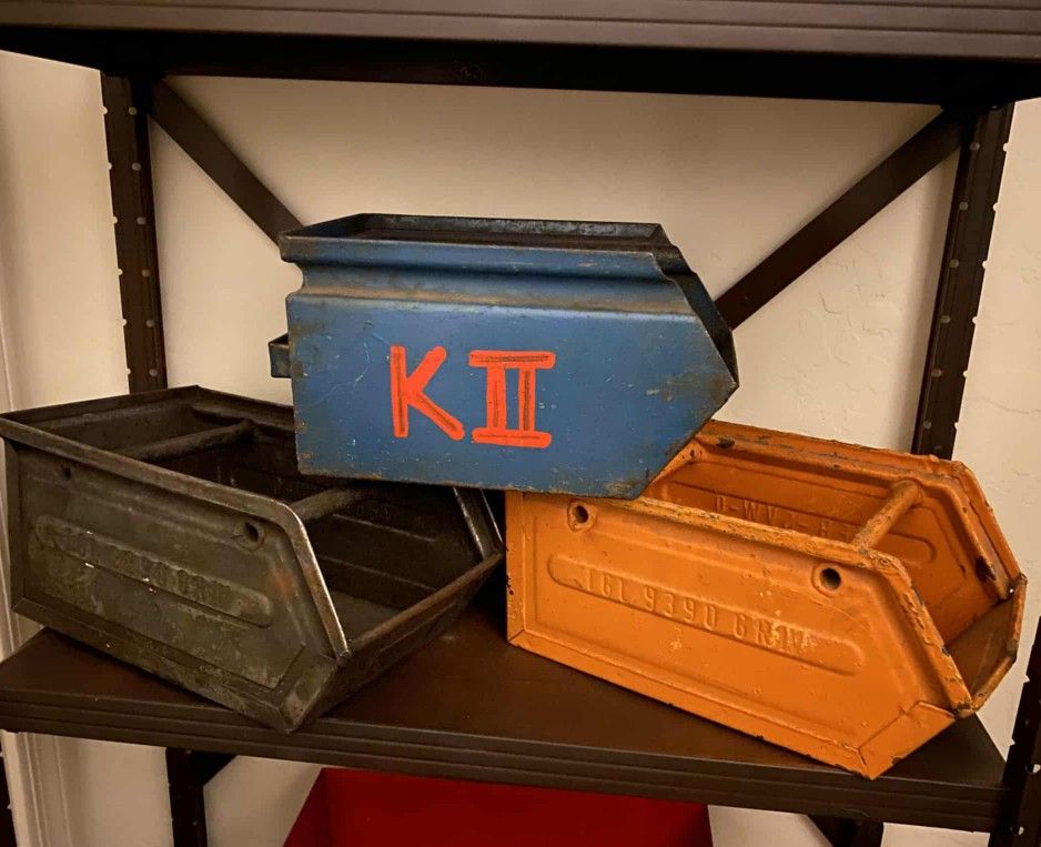 X3 VINTAGE STEEL METAL INDUSTRIAL STACKABLE STORAGE ORGANIZER BASKET CONTAINER DRAWER UTILITY BIN BOXES BOX ORANGE BLUE GREEN