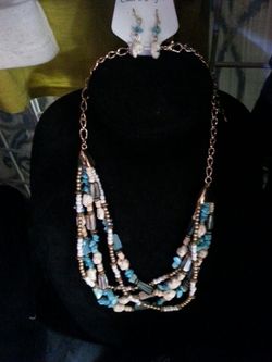 Turquoise and White Stone Necklace and Earring Set