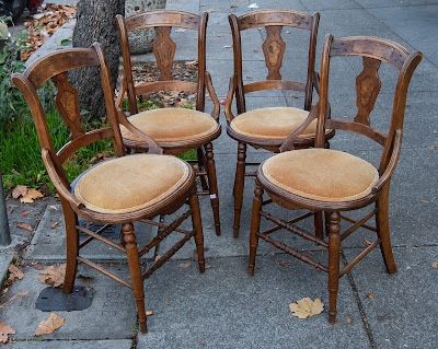 #375273 Set of 4 Vintage Wooden Chairs w/ Upholstered Seats