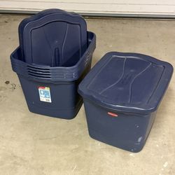Six (6) 18 Gallon Blue Rubbermaid Storage Bins Totes Perfect For Garage