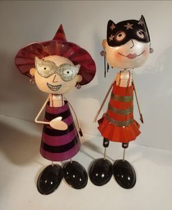 Metal Halloween Figures 15" Witch & Mask Cat Girl Folk Art Bobbleheads Set of 2