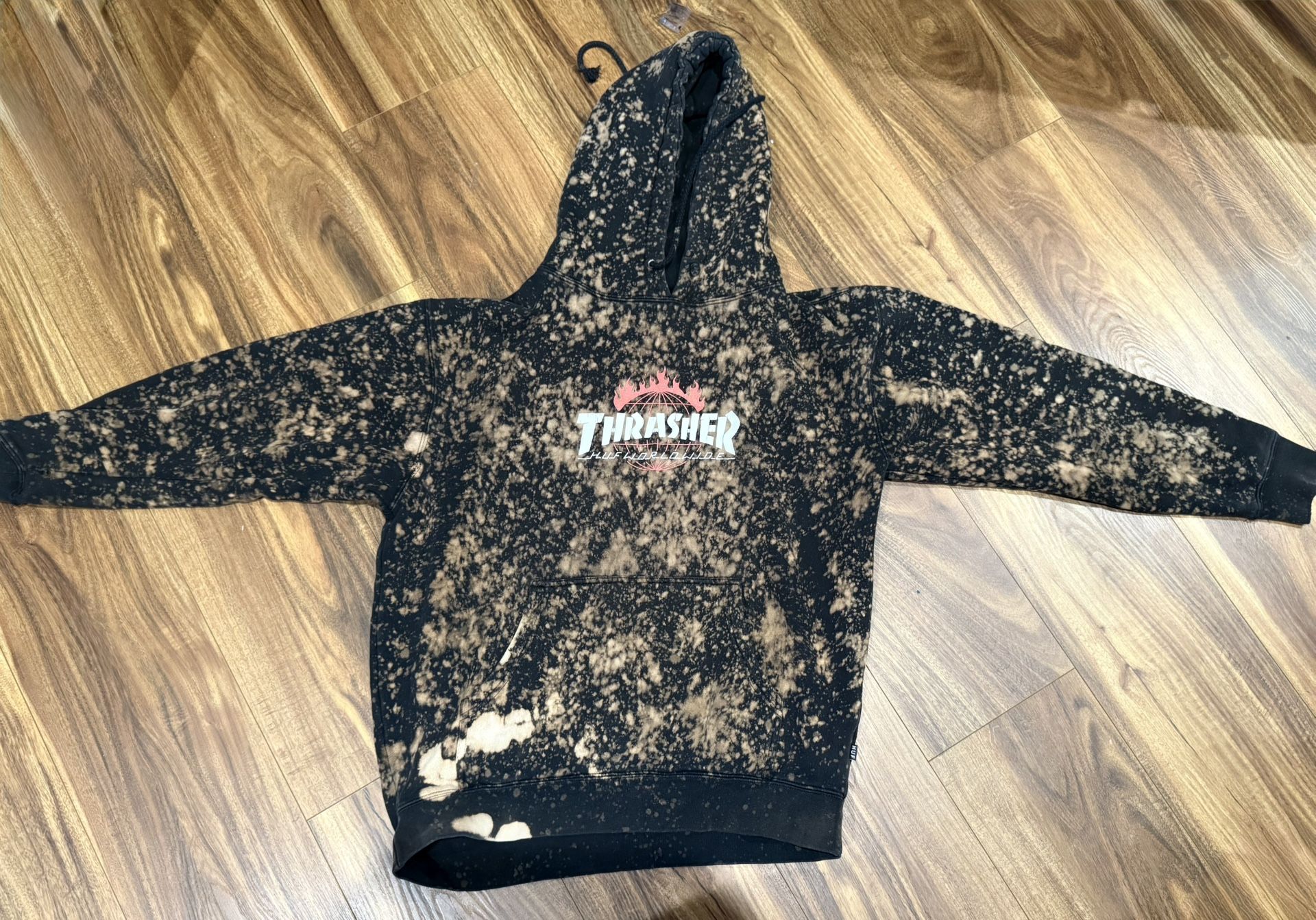 Thrasher X Huf Bleached Dye Hoodie Size Medium Excellent Condition Graphic Writing