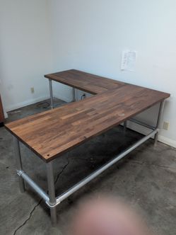 L-Shaped Industrial Desk with Butcher Block Top