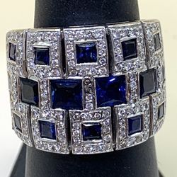 Size 7 14K Gold/Diamonds/Sapphire Heavy Ring NICE