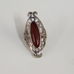925 Sterling Silver Red Carnelian Marquis Cabochon Filigree Ring Size 7.2