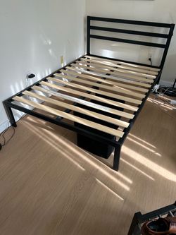 Black Metal Bed Frame with Wood Slats
