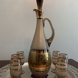 Vtg Bohemia Crystal Decanter Set with Stopper & 6 Glasses Made in Czechoslovakia