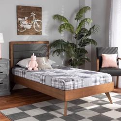 New Mid Century Modern Twin Size Dark Grey Upholstered Solid Wood Platform Bed