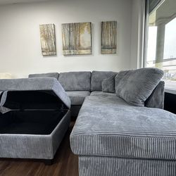 Gray Corduroy Sectional Sofa & Ottoman
