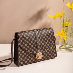 Brown and Tan Pu Leather Crossbody Bag With Checkered Pattern and Gold Clasp 