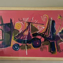 36”x64” Custom Framed Silk Pareo Pink Mid Century Abstract