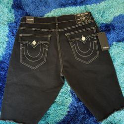 True Religion Ricky Relaxed Straight Black Denim Shorts Contrast Stitching