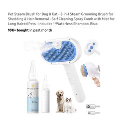 Brand new Pet Steam Brush for Dog & Cat - 3-in-1 Steam Grooming Brush for Shedding & Hair Removal - Self Cleaning Spray Comb with Mist for Long Haired