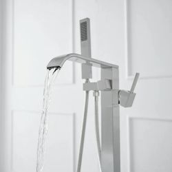 Single-Handle Floor Mount Freestanding Bathtub Faucet Waterfall Tub Filler with Handheld Shower in Brushed Nickel Sh31 N