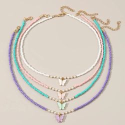 4pcs/set Girls' Butterfly & Beaded Necklace For Daily Decoration