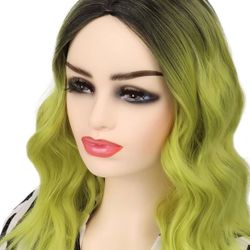 Short Wavy Curly Synthetic Ombre Green Wig Dark Roots, 14 inches *BRAND NEW*