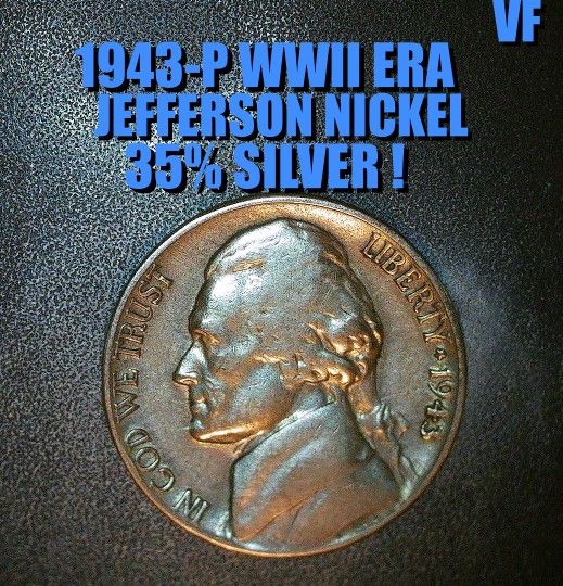 1943-P NICE JEFFERSON WWII ERA 35% SILVER NICKEL IN VF CONDITION AS SHOWN !