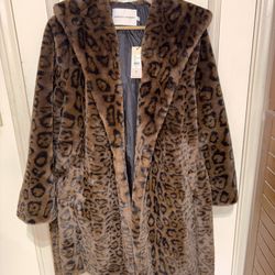 Rebecca Minkoff faux Fur Wrap Coat, Leopard Print, Hood, Fur Belt, Open Front