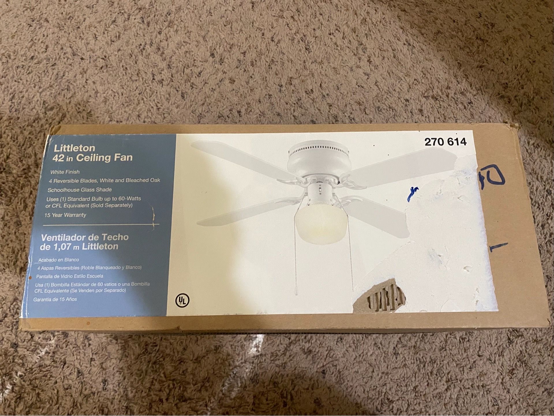 Brand New Littleton 42 Inch White Indoor Ceiling Fan NIB