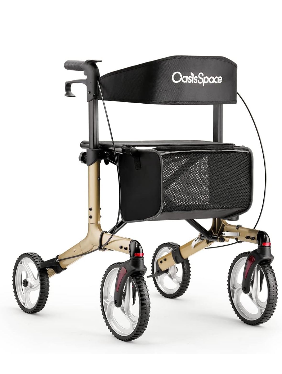 OasisSpace Aluminum Rollator Walker, with 10'' Wheels and Seat Compact Folding Design Lightweight Baking Complimentary Carry Bag (Champagne)