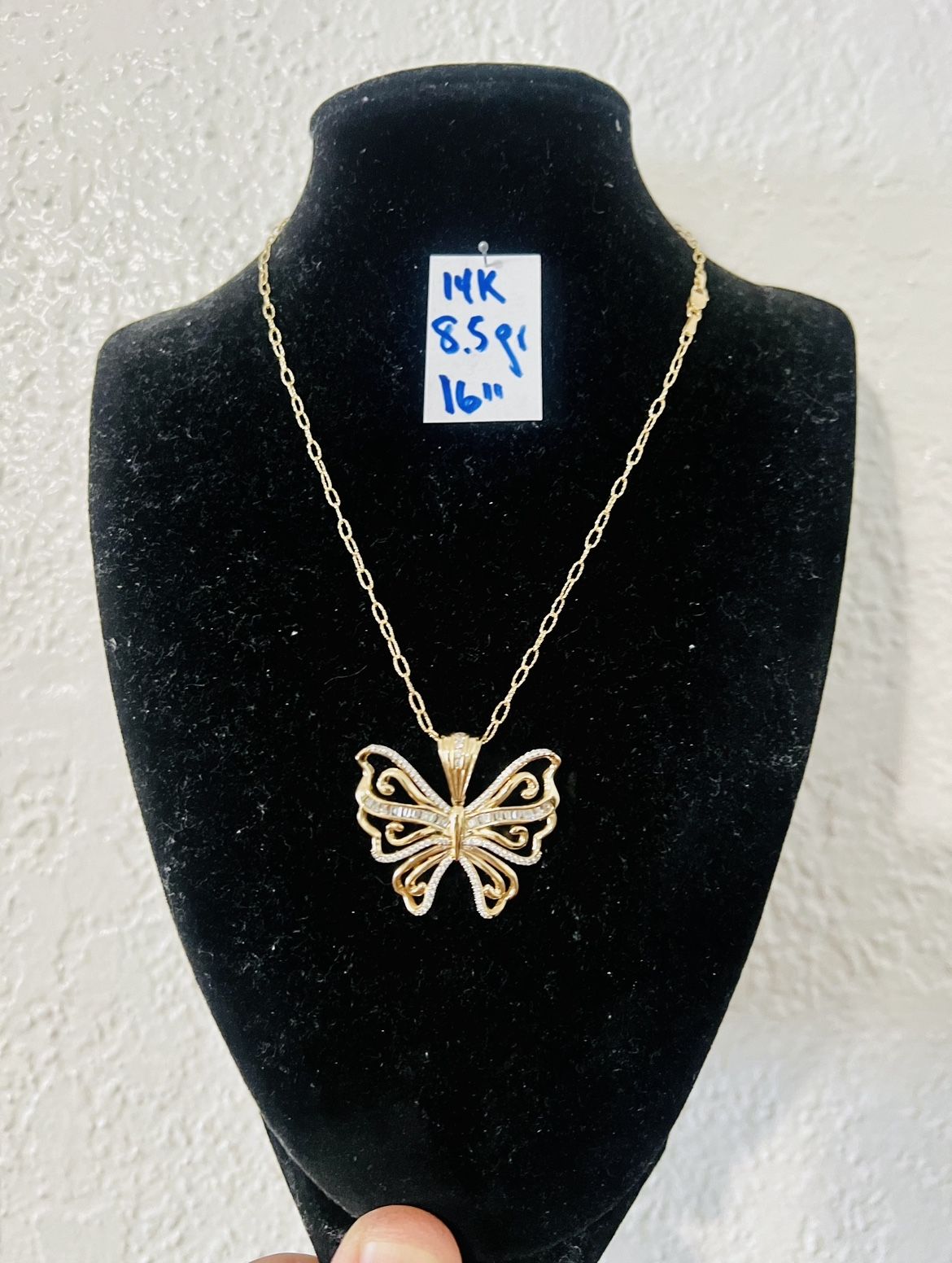 14K Solid Gold Paper Clip Chain and Pendant For Wedding 8.5Gr 16 Inches Long