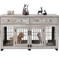 58" Wooden Dog Crate Table with 2 Drawers,5-Doors Dog Furniture,Indoor Dog Kennel,Dog Crate Furniture with Divider $190