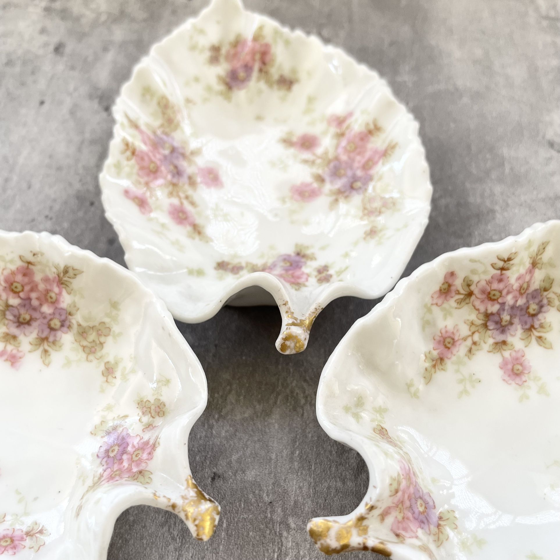 Antique Elite Limoges S M Leaf Bone Dish Plate Set Pink Flowers Gold Set 3 c1800