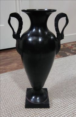 Black Neoclassical Vintage Trophy Urn Heavy Metal Swan Handles 14.5"