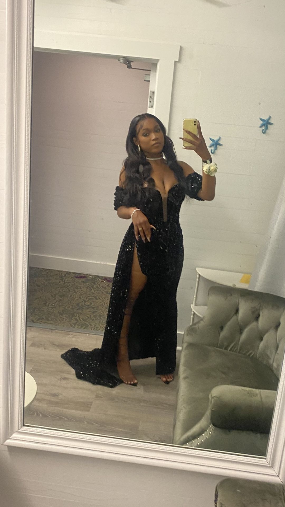 High Slit Off The Shoulder Sparkly Black Prom Dress <3