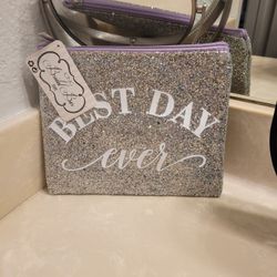 Best Day Ever Silver Glitter Zippered Pouch
