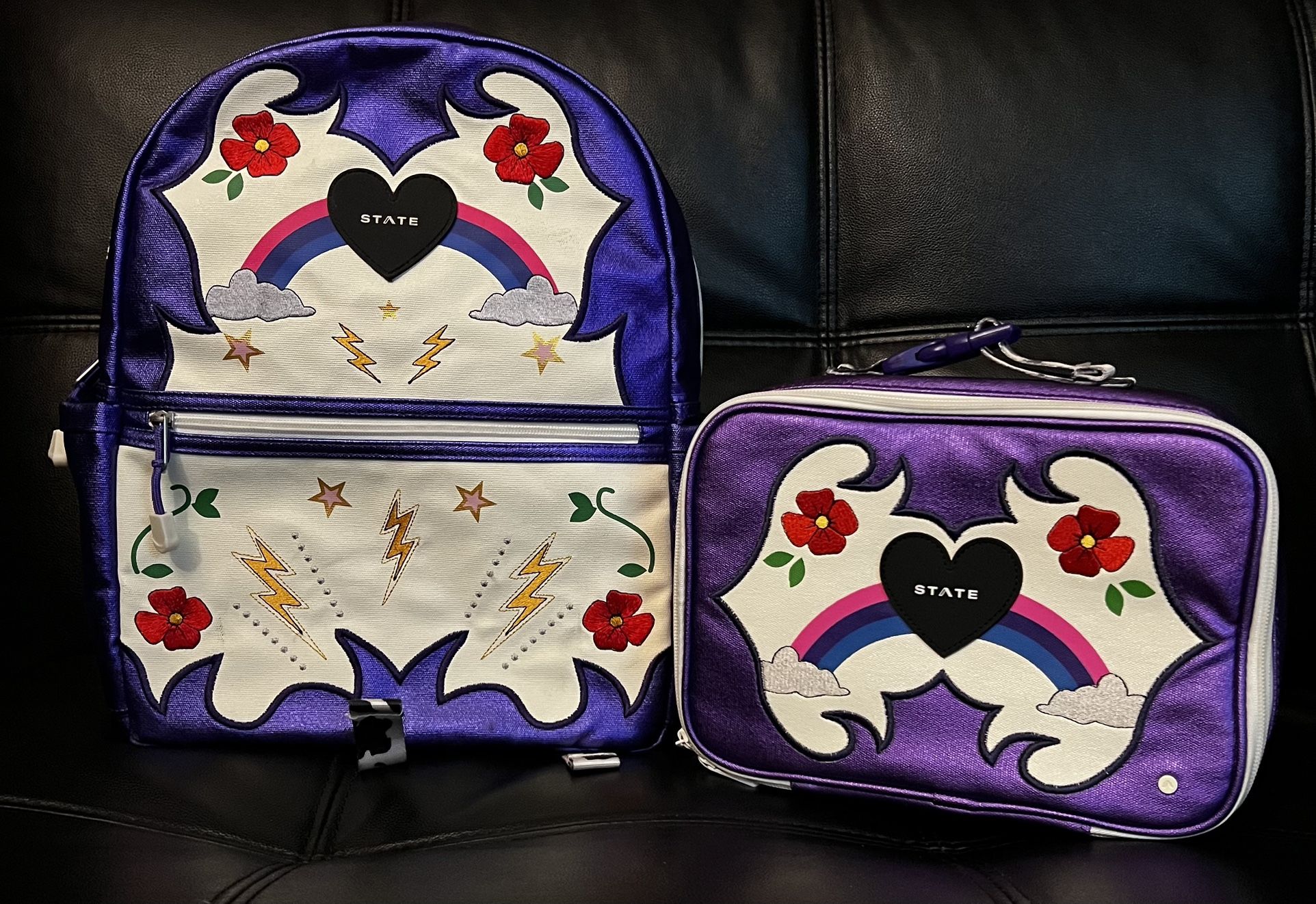 NWT State Bags Kane Kids Double Pocket Backpack Metallic Cowgirl Purple&Lunchbag