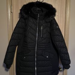 Designer Black Women’s Michael Kors, Leopard-Print Puffer Coat With A Faux fur Trim Hood