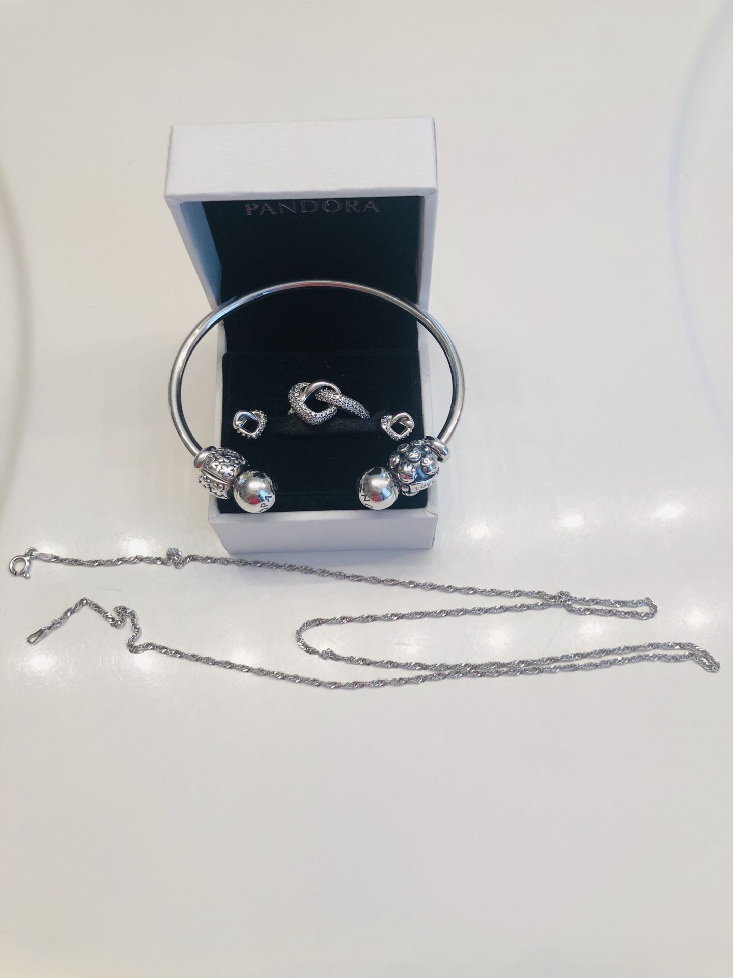 925 sterling silver pandora with charms earrings, ring size 5 with chain