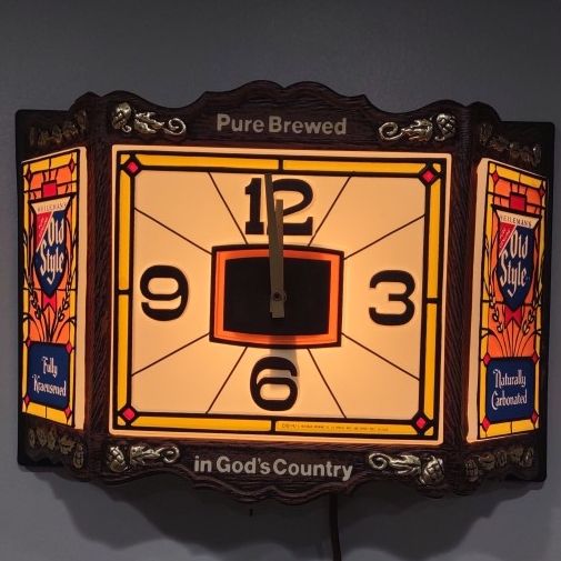 OLD STYLE Beer Lighted Clock 3 Sided Sign : Vintage 1983 for Sale