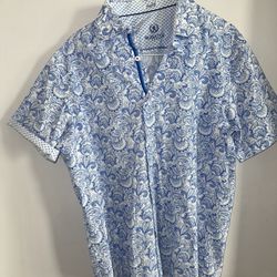 Bugatchi Men Large Shaped Fit Blue/White Pattern Short Sleeve Shirt 