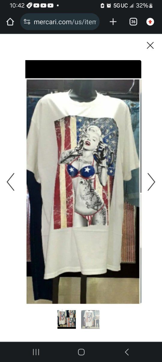 Marilyn Monroe PINUP tattoo Tshirt (MENS LARGE) Patriotic Stars & Stripes Bikini  - Distressed Marilyn Monroe Graphic (MENS LARGE) 