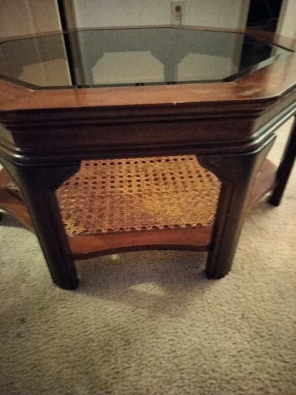 Antique Style Glass Top Wood Frame Table