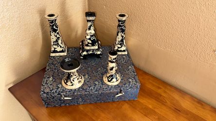 Chinese Ceramic Candleholder Set with Storage Box